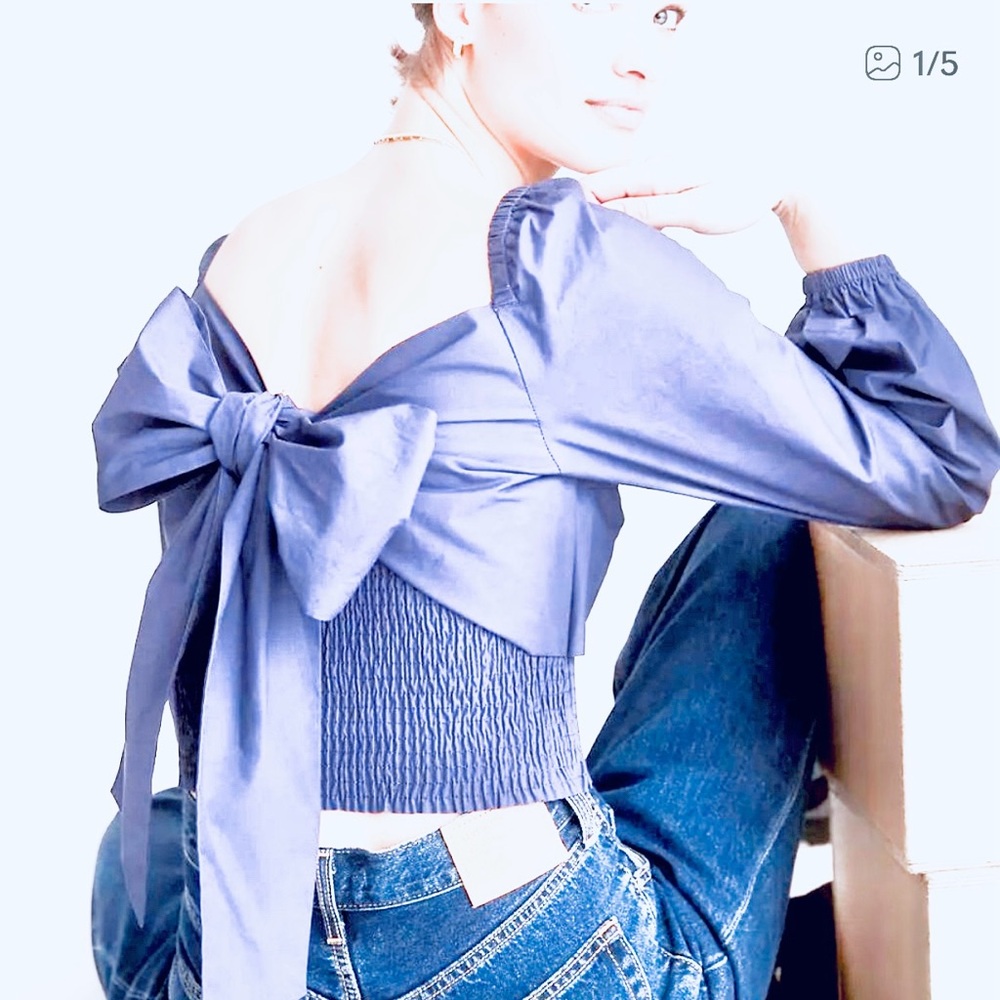 Anthropologie Navy Off-Shoulder Blouse with Bow